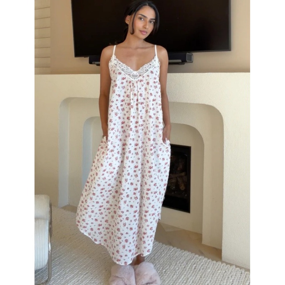 Papinelle Swiss Dot Maxi Nightgown Dress Romantic Cottagecore Boho White Size L